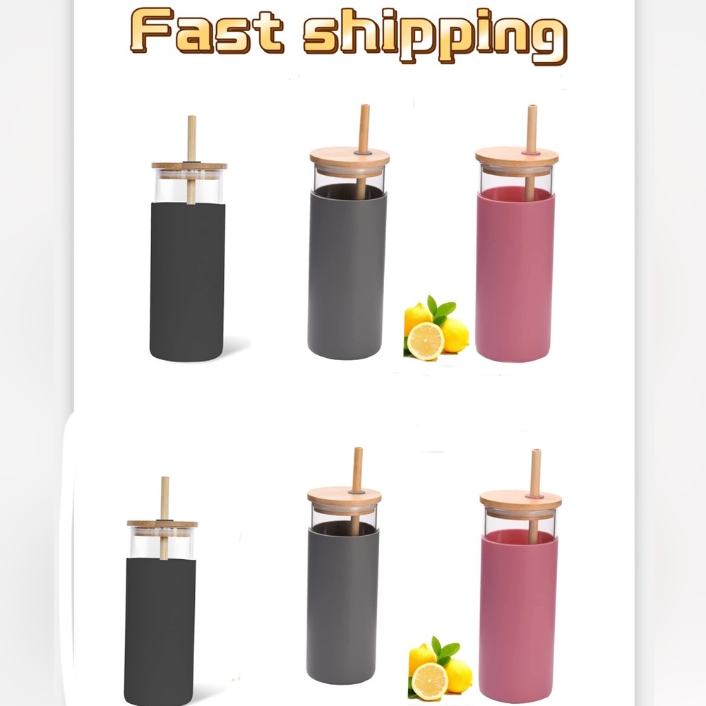 6 18oz Clear Glass Tumbler Bamboo Lid and Straw Silicone Sleeve (6PC)